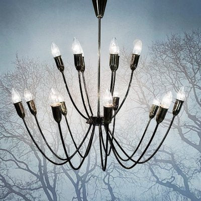 Large Mid-Century Patinated 15-Arm Brass Chandelier, Germany, 1950s-JP-1818702