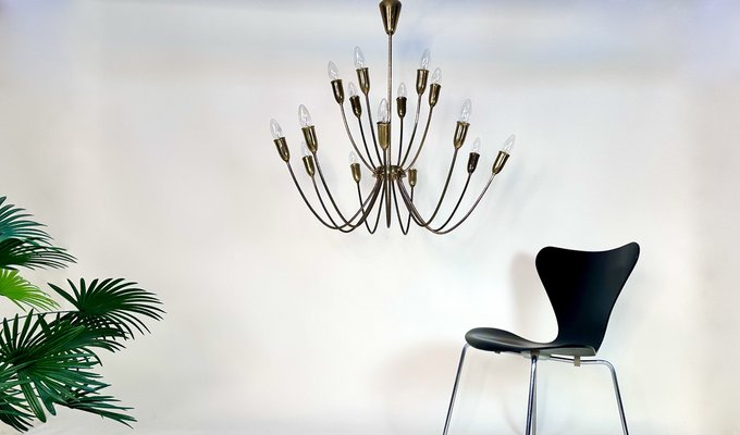 Large Mid-Century Patinated 15-Arm Brass Chandelier, Germany, 1950s-JP-1818702