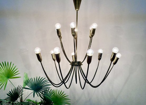 Large Mid-Century Patinated 15-Arm Brass Chandelier, Germany, 1950s-JP-1818702