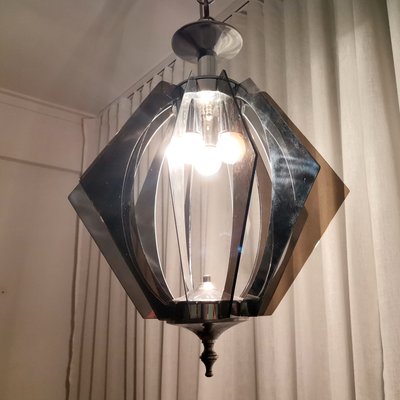 Large Mid-Century Portuguese Hanging Lamp in Chrome and Acrylic, 1960s-SCS-1226679