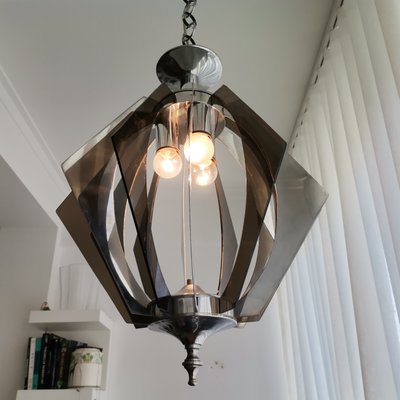 Large Mid-Century Portuguese Hanging Lamp in Chrome and Acrylic, 1960s-SCS-1226679