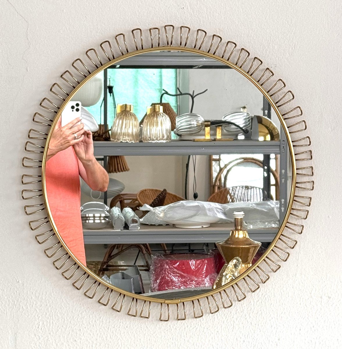 Large Mid-Century Round Sunburst Wall Mirror with Golden Metal Loop Frame, 1970s