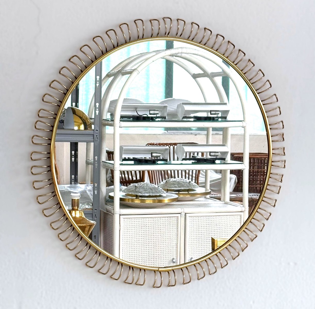 Large Mid-Century Round Sunburst Wall Mirror with Golden Metal Loop Frame, 1970s