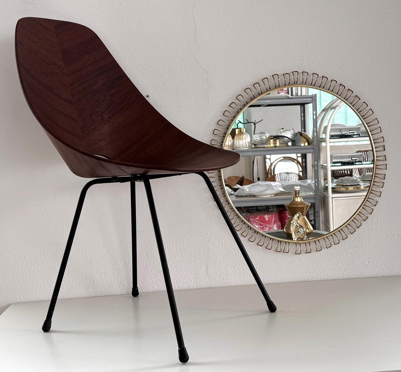 Large Mid-Century Round Sunburst Wall Mirror with Golden Metal Loop Frame, 1970s