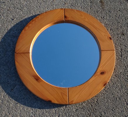 Large Mid-Century Scandinavian Pitch Pine Round Wall Mirror-AWL-1297582