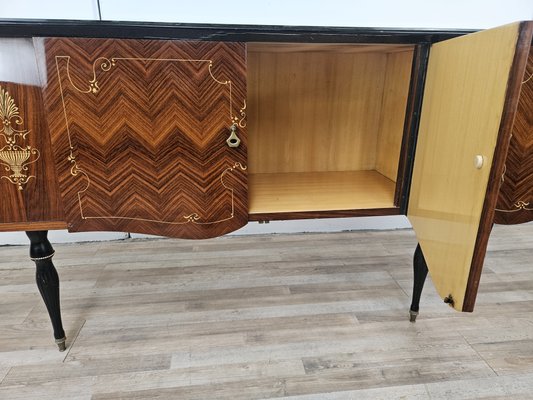 Large Mid-Century Sideboard in Mahogany and Maple with Stained Glass and Brass Handles, 1960s-ZUW-2019904