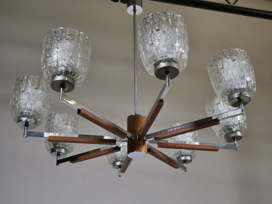 Large Mid-Century Teak and Frosted Glass Chandelier, 1960s-LVS-688119