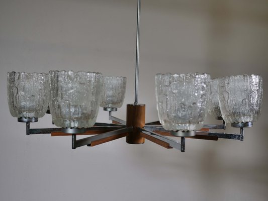 Large Mid-Century Teak and Frosted Glass Chandelier, 1960s-LVS-688119