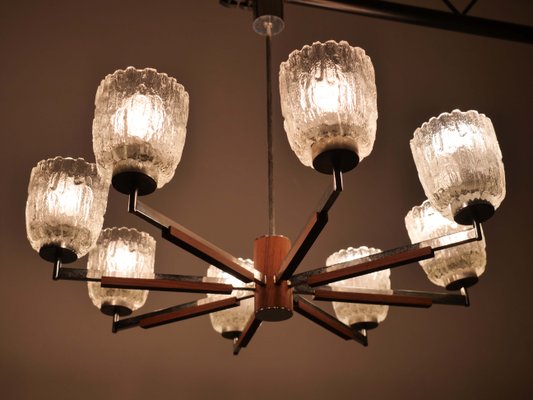 Large Mid-Century Teak and Frosted Glass Chandelier, 1960s-LVS-688119