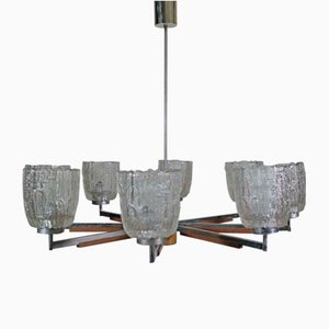 Large Mid-Century Teak and Frosted Glass Chandelier, 1960s-LVS-688119