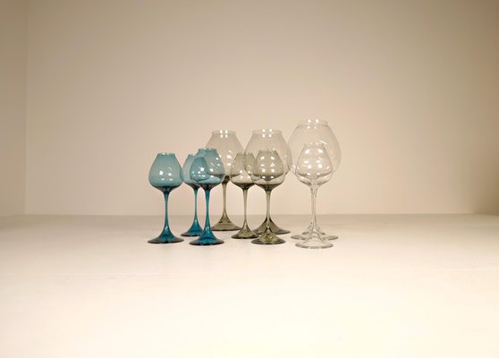 Large Mid-Century Tulip Glasses by Nils Landberg for Orrefors, Sweden, 1950s, Set of 9-UYK-1147458