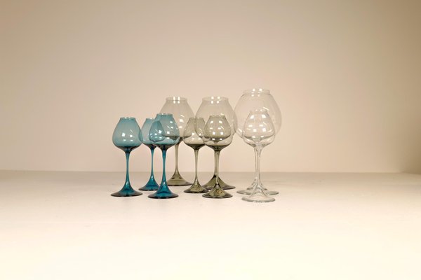 Large Mid-Century Tulip Glasses by Nils Landberg for Orrefors, Sweden, 1950s, Set of 9-UYK-1147458