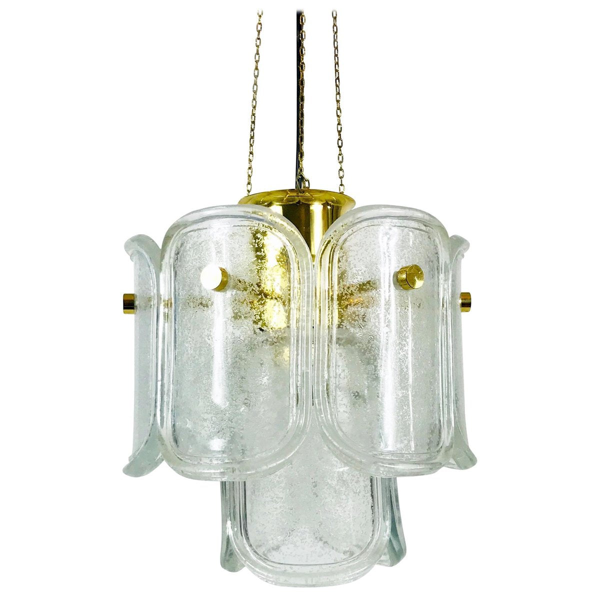 Large Mid-Century Two-Tier Brass and Ice Glass Chandelier from Limburg, 1960s