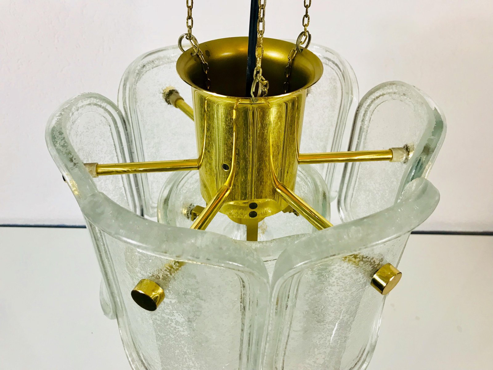 Large Mid-Century Two-Tier Brass and Ice Glass Chandelier from Limburg, 1960s