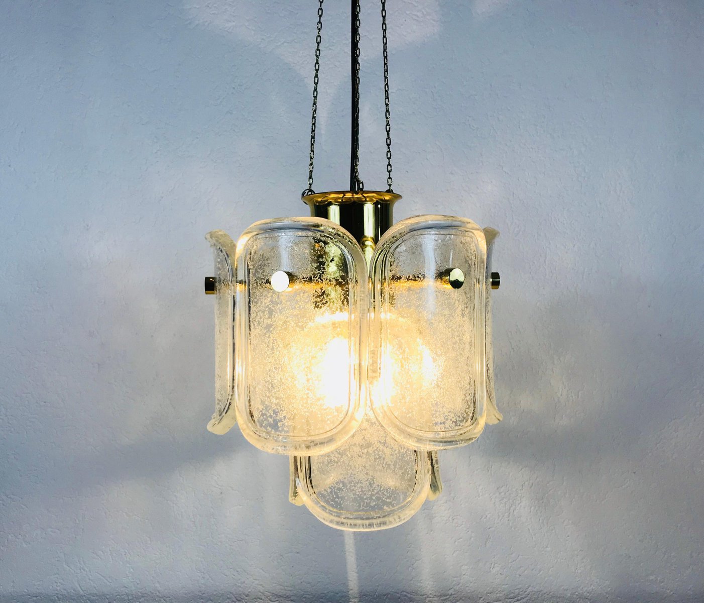 Large Mid-Century Two-Tier Brass and Ice Glass Chandelier from Limburg, 1960s