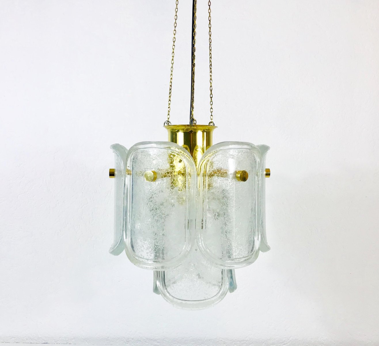 Large Mid-Century Two-Tier Brass and Ice Glass Chandelier from Limburg, 1960s