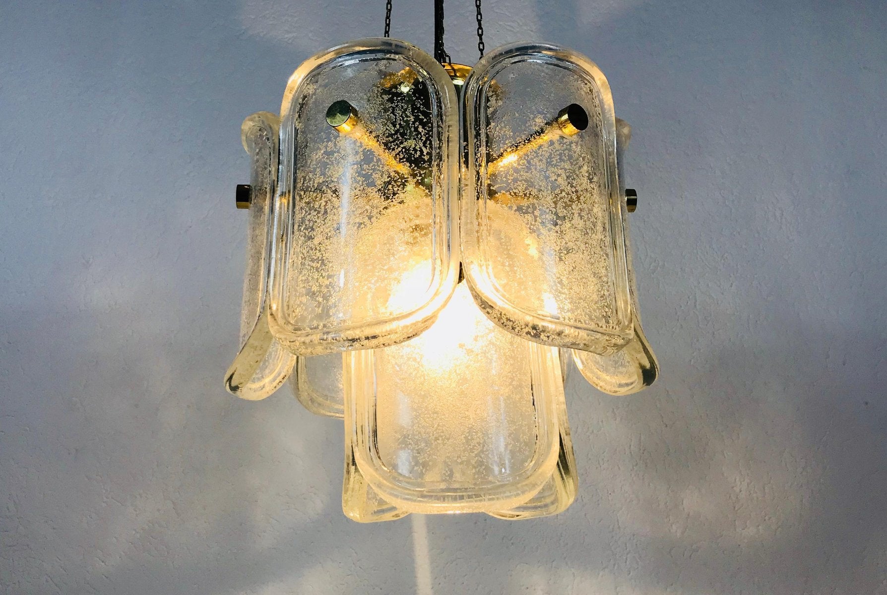 Large Mid-Century Two-Tier Brass and Ice Glass Chandelier from Limburg, 1960s