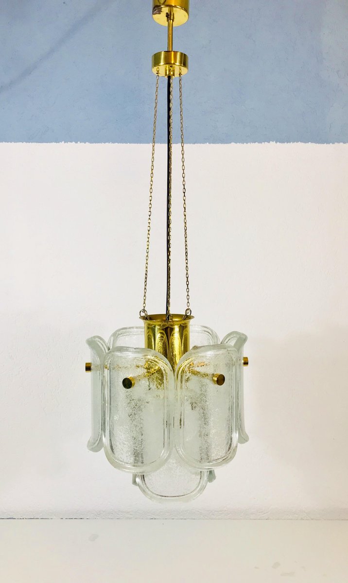 Large Mid-Century Two-Tier Brass and Ice Glass Chandelier from Limburg, 1960s