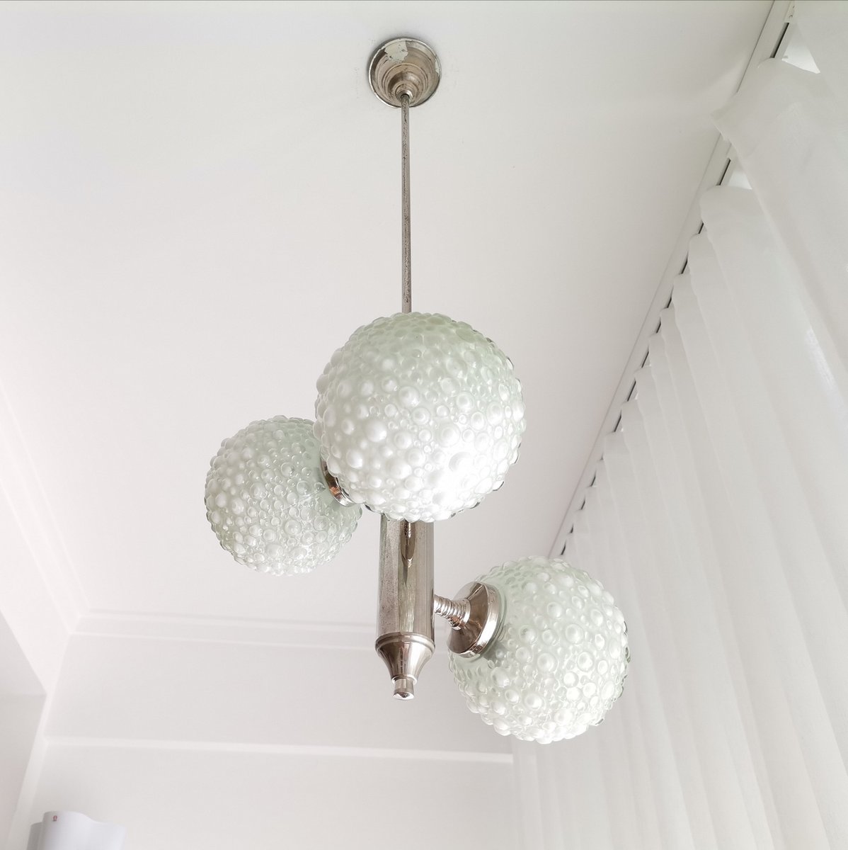 Large Mid-Century White Opaline Bubble Glass and Nickel 3-Light Chandelier