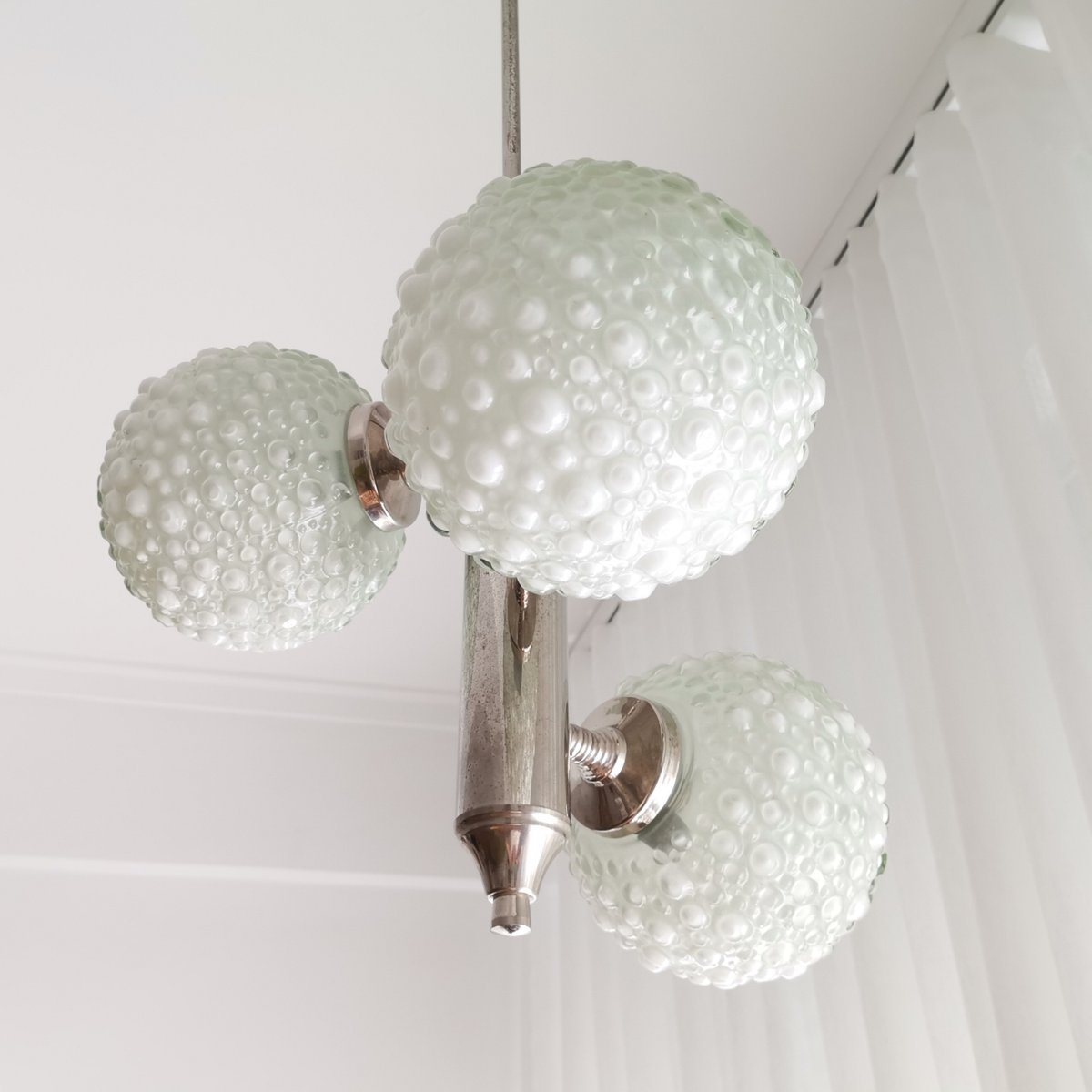 Large Mid-Century White Opaline Bubble Glass and Nickel 3-Light Chandelier-SCS-1091769