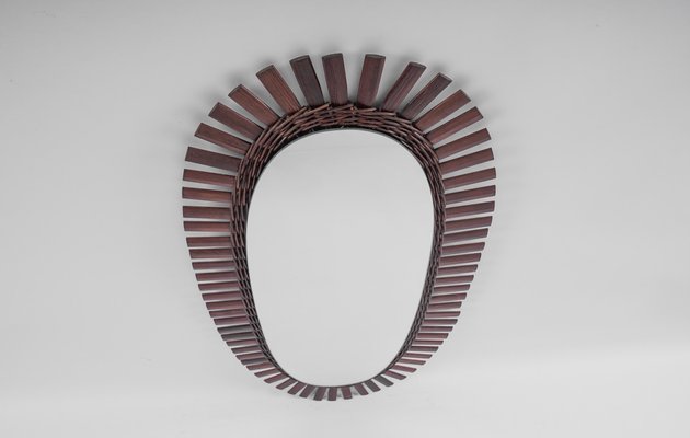 Large Mid-Century Wood and Wicker Wall Mirror, 1960s-KQB-1437939