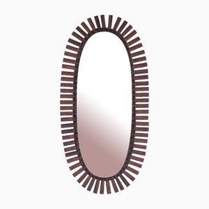 Large Mid-Century Wood and Wicker Wall Mirror, 1960s-KQB-1437939