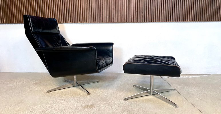 Large Model Siesta 62 Leather Lounge Chair & Ottoman by Jaques Brûle for Hans Kaufeld, Germany, 1960s , Set of 2-JP-1424880