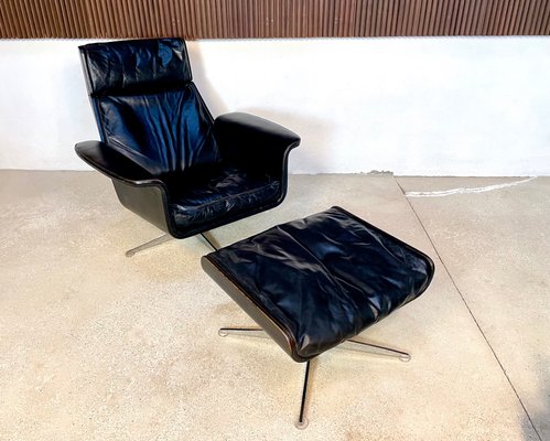 Large Model Siesta 62 Leather Lounge Chair & Ottoman by Jaques Brûle for Hans Kaufeld, Germany, 1960s , Set of 2-JP-1424880