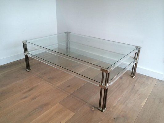 Large Modernist Chrome and Acrylic Glass Coffee Table, France, 1970s-BA-658505