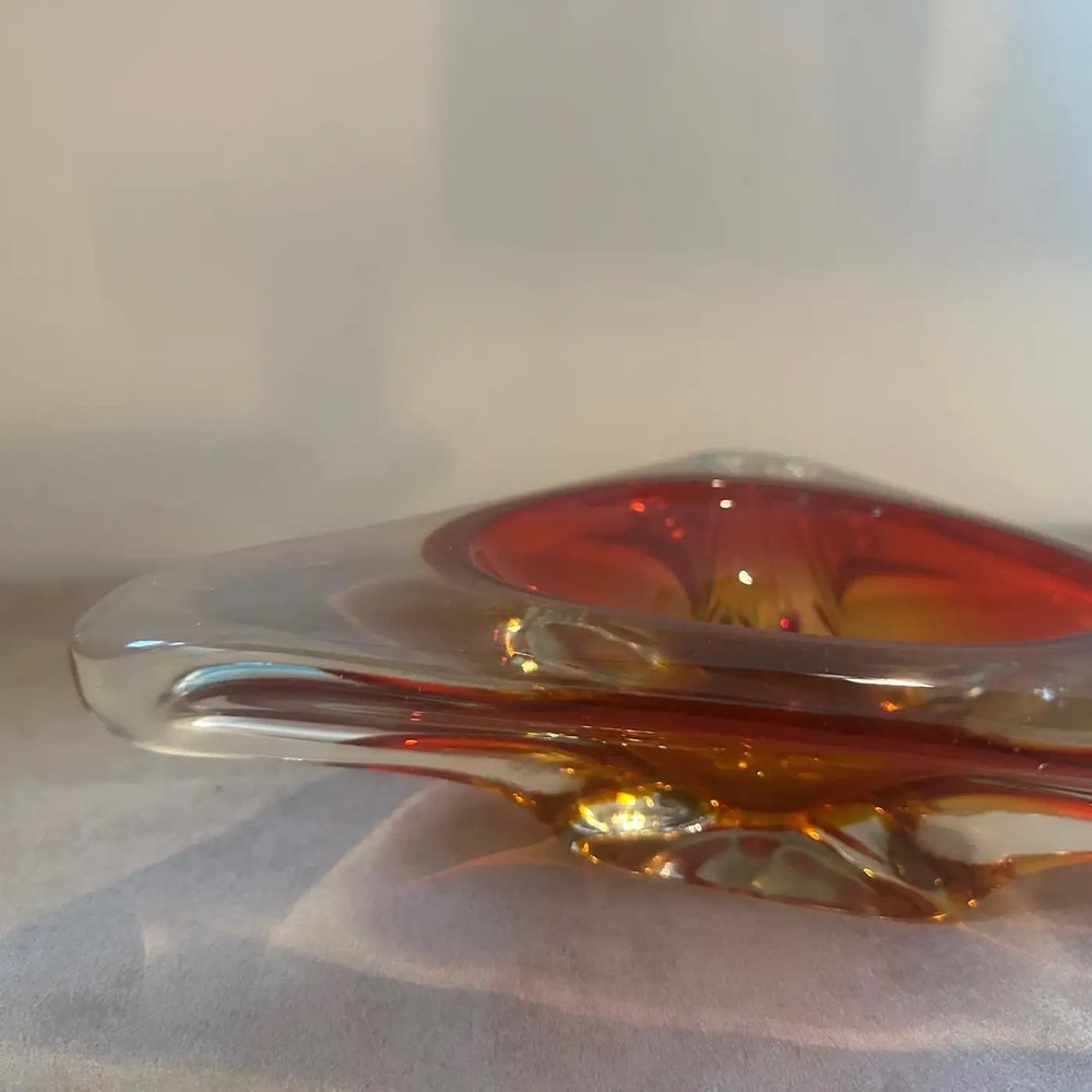 Large Modernist Red Sommerso Murano Glass Triangular Ashtray attributed to Seguso, 1960s