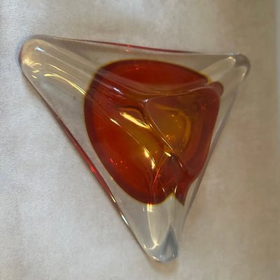 Large Modernist Red Sommerso Murano Glass Triangular Ashtray attributed to Seguso, 1960s