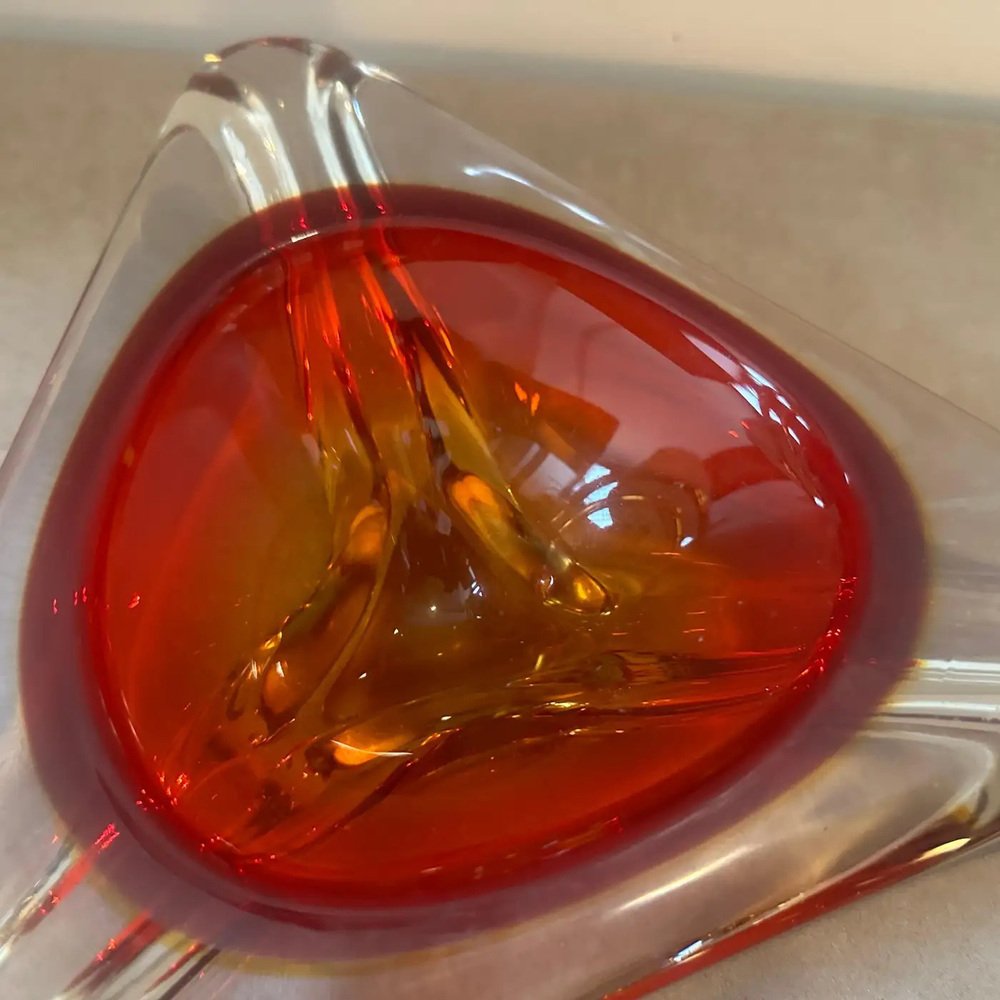 Large Modernist Red Sommerso Murano Glass Triangular Ashtray attributed to Seguso, 1960s