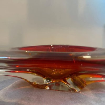 Large Modernist Red Sommerso Murano Glass Triangular Ashtray attributed to Seguso, 1960s