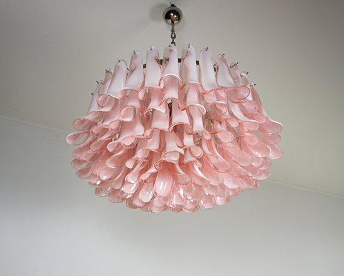 Large Murano Glass Chandelier with 101 Pink Lattimo Glass Petals, 1990s-FHZ-1818544