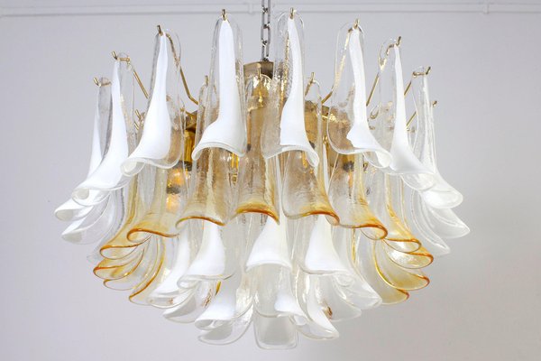 Large Murano Glass White and Amber Tulip Chandelier, Italy, 1970s-MBH-1821570