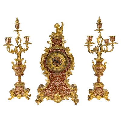 Large Napoleon III Gilt Bronze Mantel Set, Set of 3-WFS-2031747