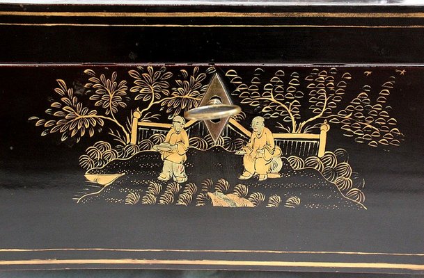 Large Napoleon III Japonaiserie Wooden Box Painted Black, Mid-19th Century-RVK-968588