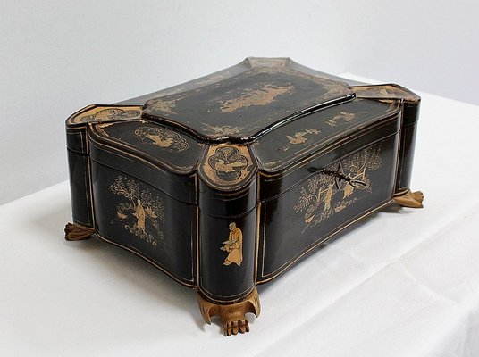 Large Napoleon III Japonaiserie Wooden Box Painted Black, Mid-19th Century-RVK-968588