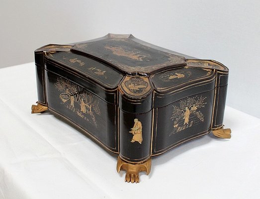 Large Napoleon III Japonaiserie Wooden Box Painted Black, Mid-19th Century-RVK-968588