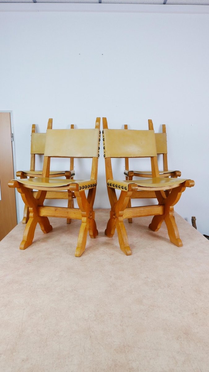 Large Oak & Leather Dining Chairs by Bram Sprij, the Netherlands, Set of 4