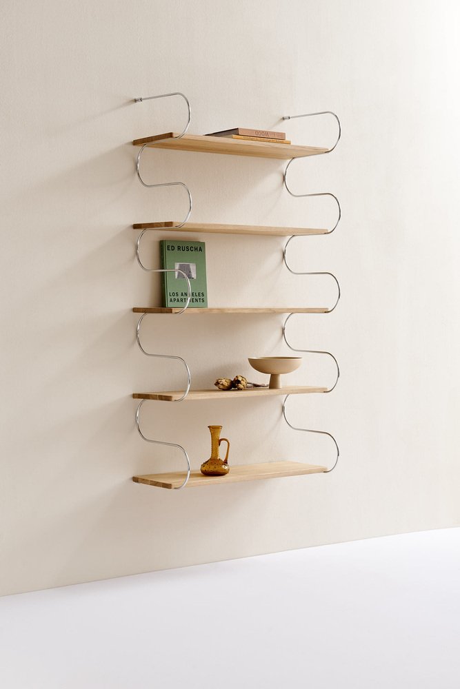 Large Onda Shelf in Oak and Chrome by Schneid Studio