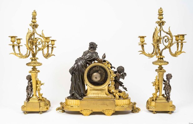 Large Ormolu and Patinated Bronze Mantel Set, 19th Century, Set of 3-WFS-2035201