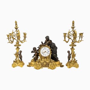 Large Ormolu and Patinated Bronze Mantel Set, 19th Century, Set of 3-WFS-2035201