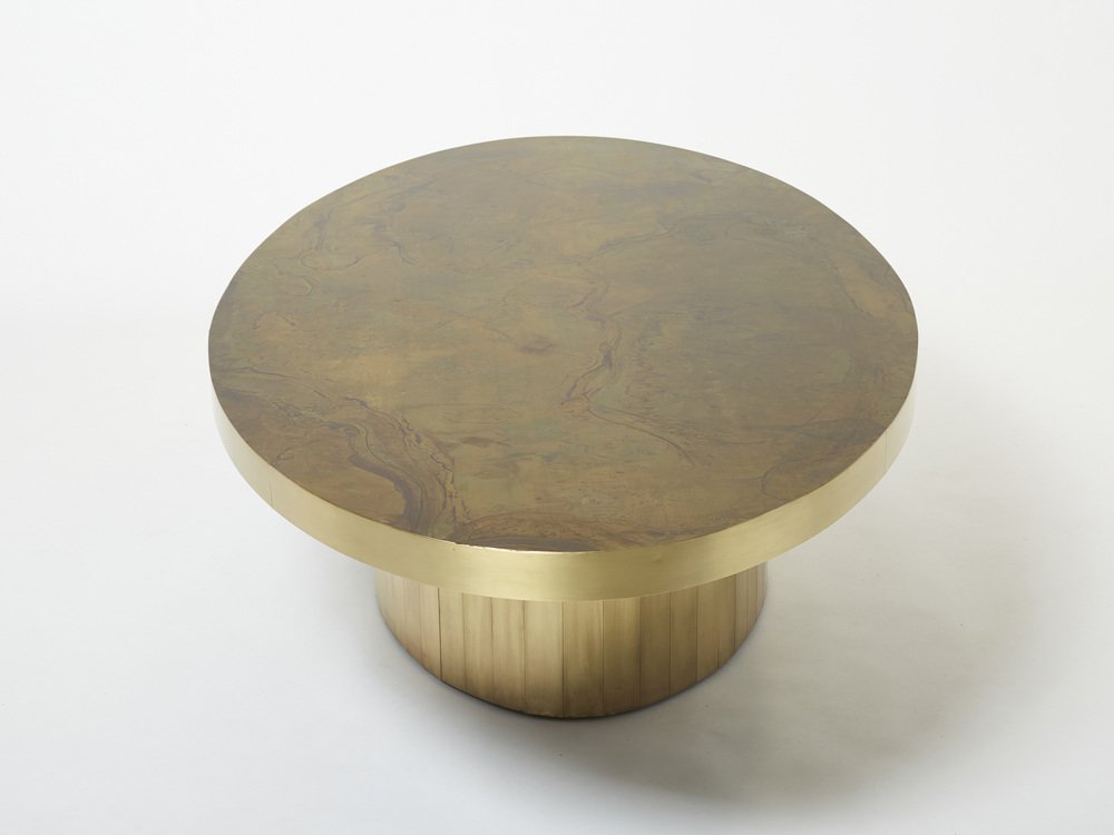 Large Oval Oxidized Brass Coffee Table by Isabelle and Richard Faure, 1970s