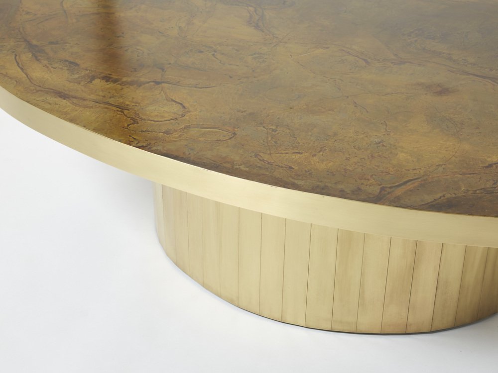 Large Oval Oxidized Brass Coffee Table by Isabelle and Richard Faure, 1970s