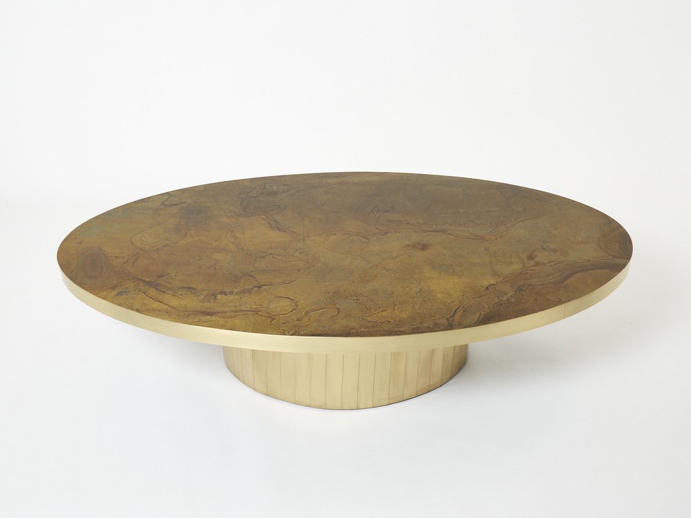 Large Oval Oxidized Brass Coffee Table by Isabelle and Richard Faure, 1970s