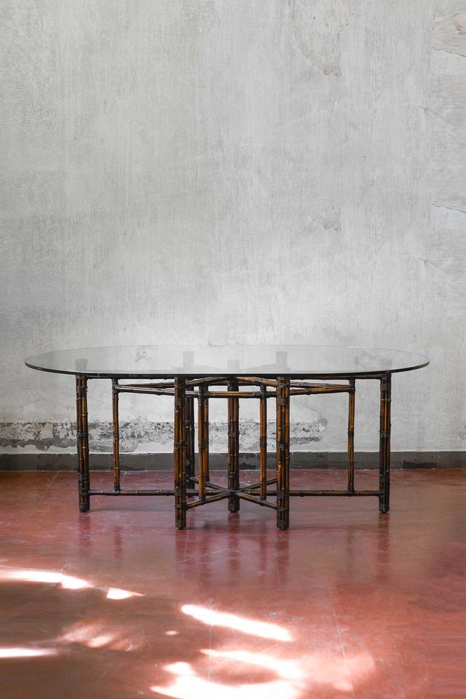 Large Oval Table in Rattan with Leather Bindings and Glass Top from Mc Guire, San Francisco, 1970s