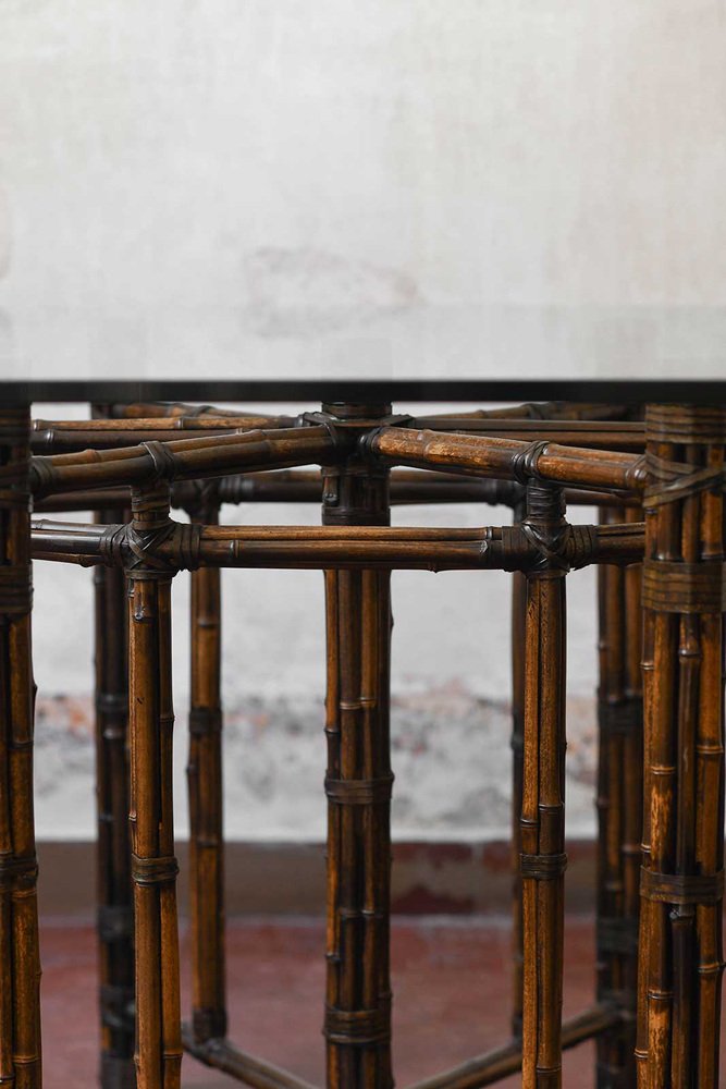 Large Oval Table in Rattan with Leather Bindings and Glass Top from Mc Guire, San Francisco, 1970s