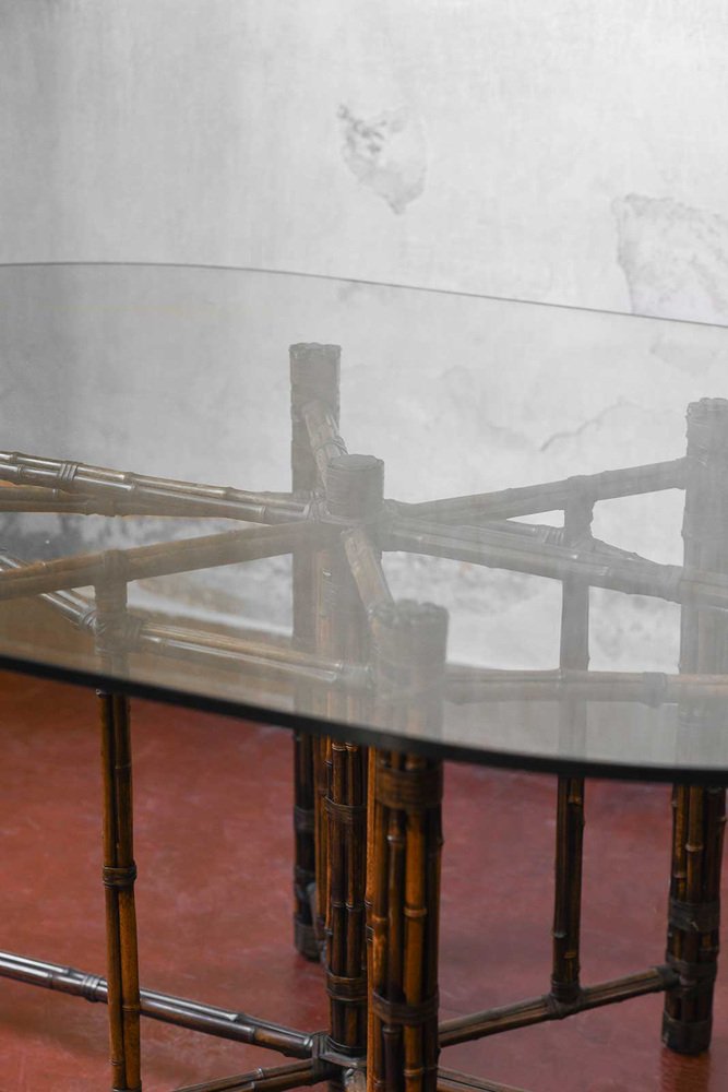 Large Oval Table in Rattan with Leather Bindings and Glass Top from Mc Guire, San Francisco, 1970s