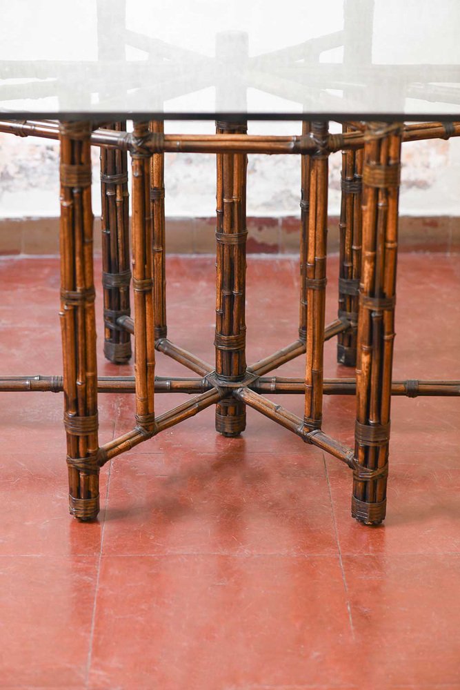 Large Oval Table in Rattan with Leather Bindings and Glass Top from Mc Guire, San Francisco, 1970s